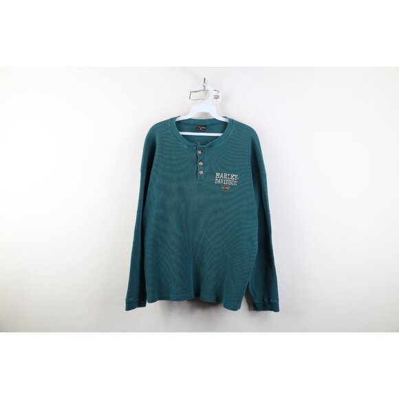 Vtg 90s Harley Davidson Mens 2XL Faded Thermal Waffle Knit Henley T-Shirt USA
